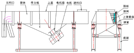 直線振動篩內(nèi)部結(jié)構(gòu)：出料口，篩體，傳力板，上蓋，電機座，電機，進料口，篩框，篩網(wǎng)，上彈簧座，彈簧，底腿。