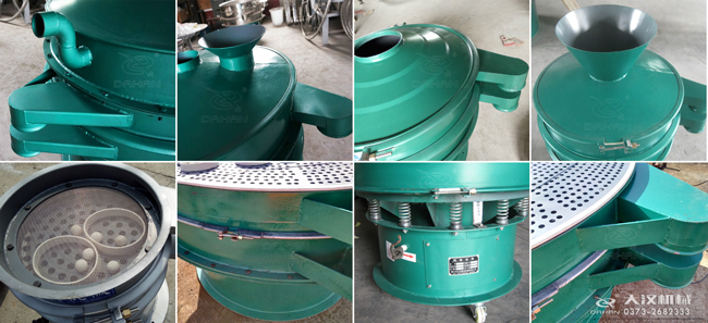 碳鋼振動篩進(jìn)料口，出料口，篩框，篩網(wǎng)，彈跳球等細(xì)節(jié)展示