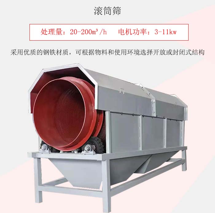 滾筒篩采用優(yōu)質(zhì)的鋼鐵材質(zhì)，可根據(jù)物料和使用環(huán)境選擇開放或封閉式結(jié)構(gòu)
