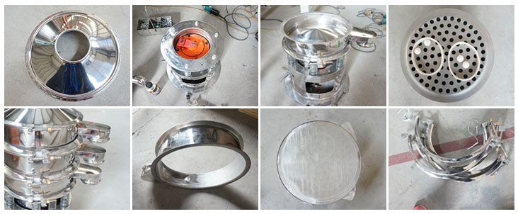 不銹鋼振動篩結(jié)構(gòu)展示：防塵蓋，出料口，閘門，篩網(wǎng)于彈跳球，底座，振動彈簧等。