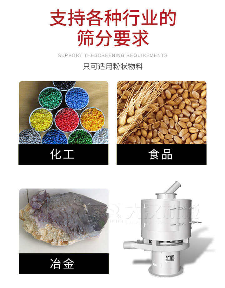 氣流篩用于礦粉，石墨粉，活性納米碳酸鈣，鋁灰，大豆粉，碳酸重鈣，石墨粉，木粉，干草，重金石粉，藥粉末，橡膠顆粒，草酸鹽，干料粉，木粉，聚酯粉，干粉，塑料，金屬粉末，橡膠粉，粉煤灰，石墨粉，陶瓷粉，鋅粉，石英粉，石灰粉，鐵粉，金屬硅粉等。