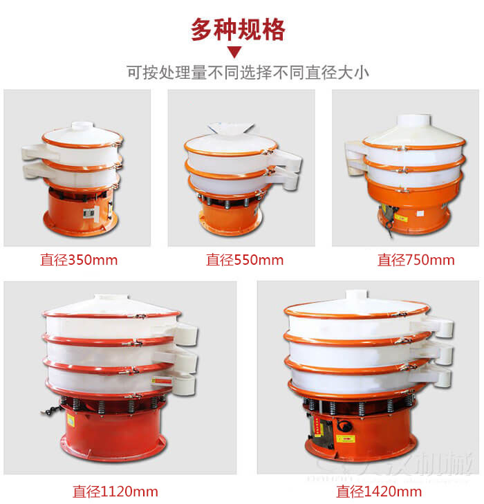 塑料振動篩不同篩分直徑進(jìn)行展示：350，550，750，1120，1420等。