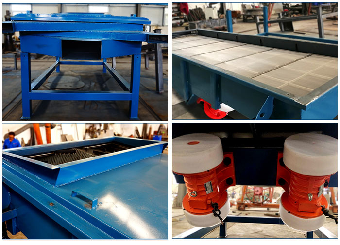 方形振動(dòng)篩出料口，篩網(wǎng)和網(wǎng)架，進(jìn)料口，振動(dòng)電機(jī)等細(xì)節(jié)展示。