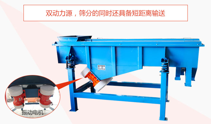方形振動(dòng)篩雙動(dòng)力源，篩分的同時(shí)還具備短距離輸送。