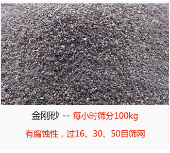 篩分金剛砂每小時(shí)100kg，有腐蝕性，過(guò)16、30、50目篩網(wǎng)
