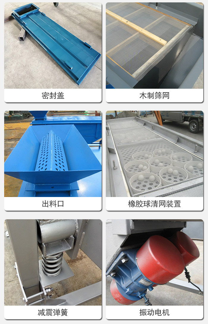 直線篩分機(jī)的結(jié)構(gòu)展示圖：篩箱是物料主要篩分設(shè)備之一，篩網(wǎng)用于篩分物料，振動(dòng)電機(jī)幫助篩網(wǎng)篩分。