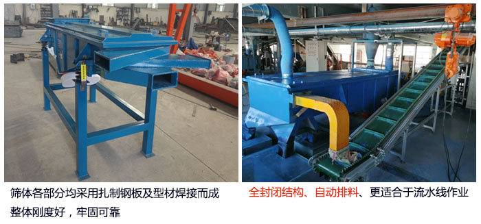 直線篩分機(jī)篩體各部分均采用扎制鋼板及型材焊接而成整體剛度好，牢固可靠；全封閉結(jié)構(gòu)、自動(dòng)排料、更適合于流水線作業(yè)。