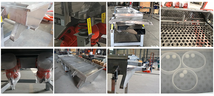 不銹鋼直線篩不同定制出料口，電機(jī)，篩網(wǎng)，篩箱，彈跳球等部件細(xì)節(jié)展示