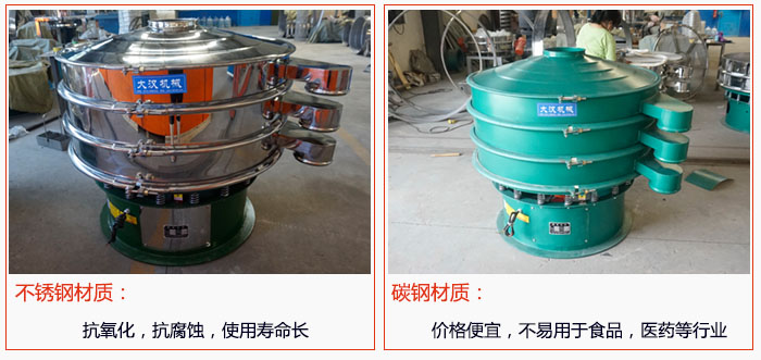 800型振動(dòng)篩有不銹鋼和碳鋼兩種材質(zhì)，不銹鋼材質(zhì)：抗氧化，抗腐蝕，使用壽命長(zhǎng) 碳鋼材質(zhì)：價(jià)格便宜，不易篩分食品，化工，醫(yī)藥等行業(yè)的物料。