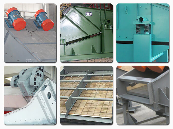 礦用振動(dòng)篩主要由激振器、篩體、篩網(wǎng)、減振裝置及座架等組成。篩箱由篩框、篩板、襯板等組成