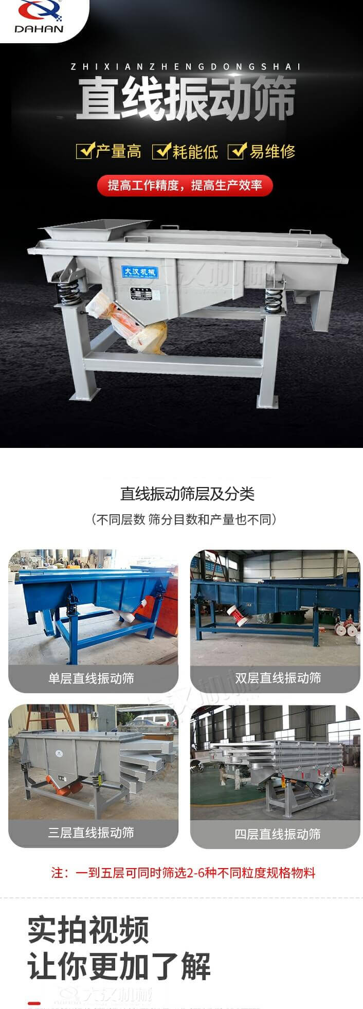 直線振動(dòng)篩概述，產(chǎn)量高，耗能低，易維修，提高工作精度，提高生產(chǎn)效率，直線振動(dòng)篩層級(jí)分類(lèi)：不同層數(shù)，篩分目數(shù)和產(chǎn)量也不同：?jiǎn)螌樱p層，三層，四層等。