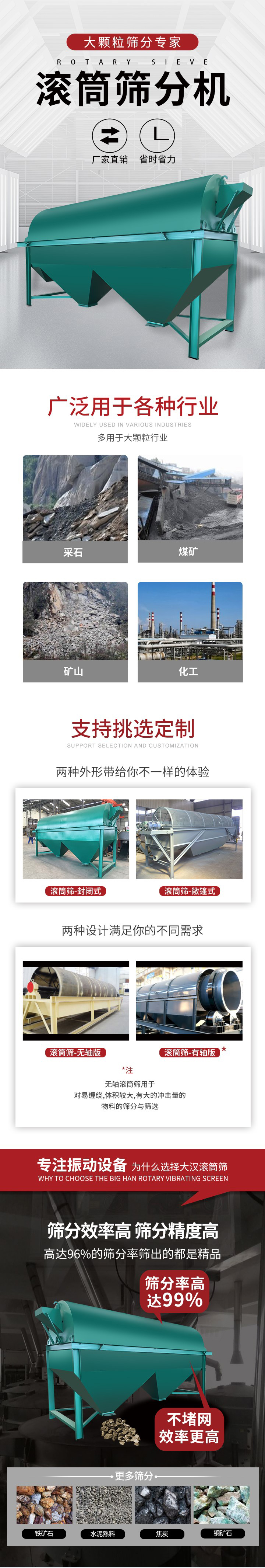 滾筒篩分機大顆粒篩分專家：廠家直銷，省時省力。滾筒篩被廣泛應(yīng)用各種行業(yè)：多用于大顆粒行業(yè)例如：采石，煤礦，礦山，化工等。滾筒篩定制類型有哪些：封閉式與敞篷式產(chǎn)品結(jié)構(gòu)分為：無軸式，有軸式兩種，無軸滾筒篩用于對纏繞，體積較大，有大的沖擊量的物料的篩分與篩選。滾筒篩篩分效率高篩分精度能夠達到：96%也比較適用于鐵礦石，水泥熟料，焦炭，銅礦石。滾筒篩特點：不飛粉末：密封隔離罩，密封性好，工作過程不會出現(xiàn)飛粉現(xiàn)象。外型尺寸是按筒體長計