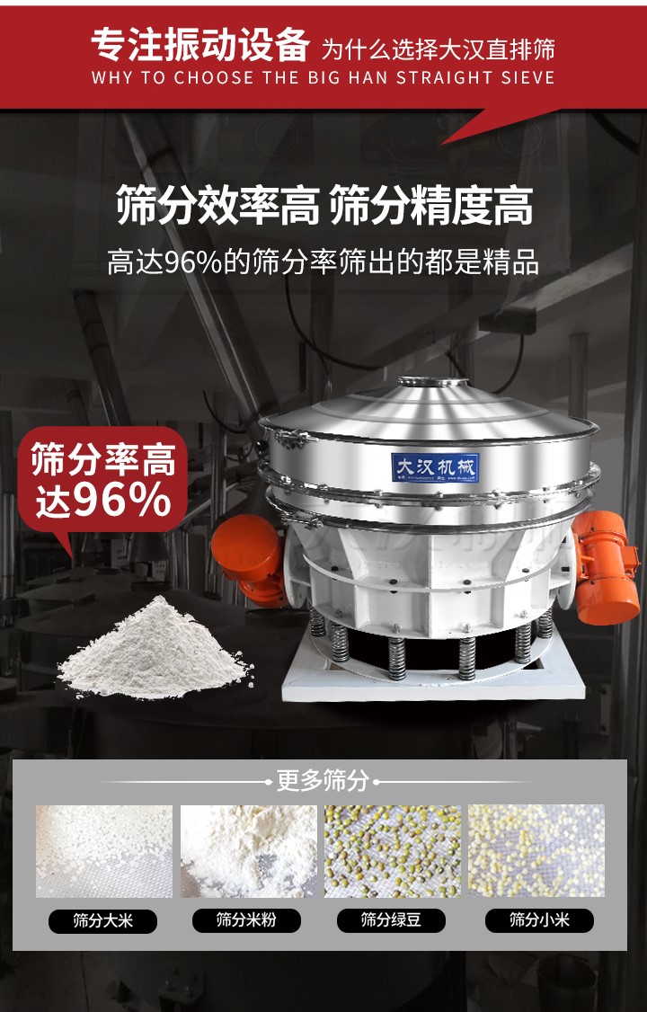 直排篩適用物料有面粉，淀粉，洗衣粉，金屬粉，添加劑，化工，非礦等行業(yè)。
