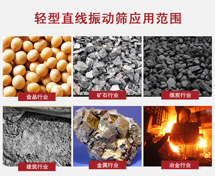 輕型直線振動篩應(yīng)用范圍較廣多使用與顆粒狀，粉狀以及其它重型行業(yè)的輸送。