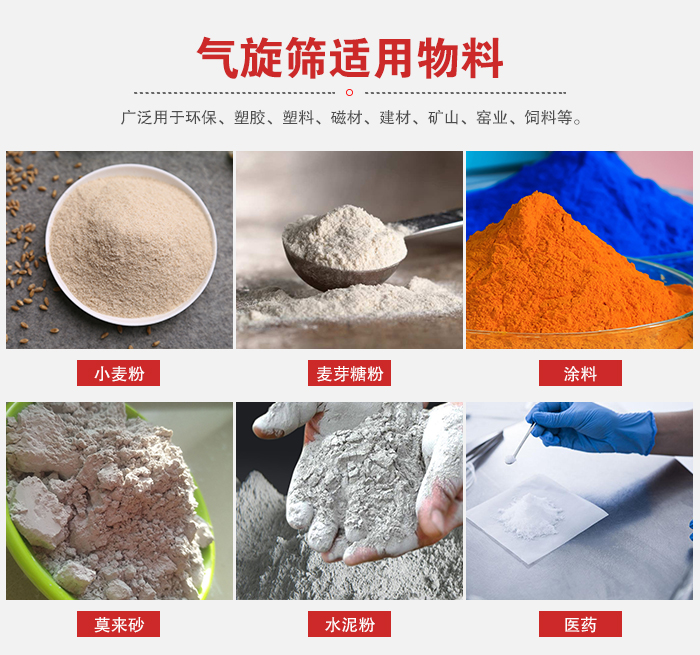 氣旋篩適用物料：小麥粉，麥芽糖粉，涂料，等粉狀物料。