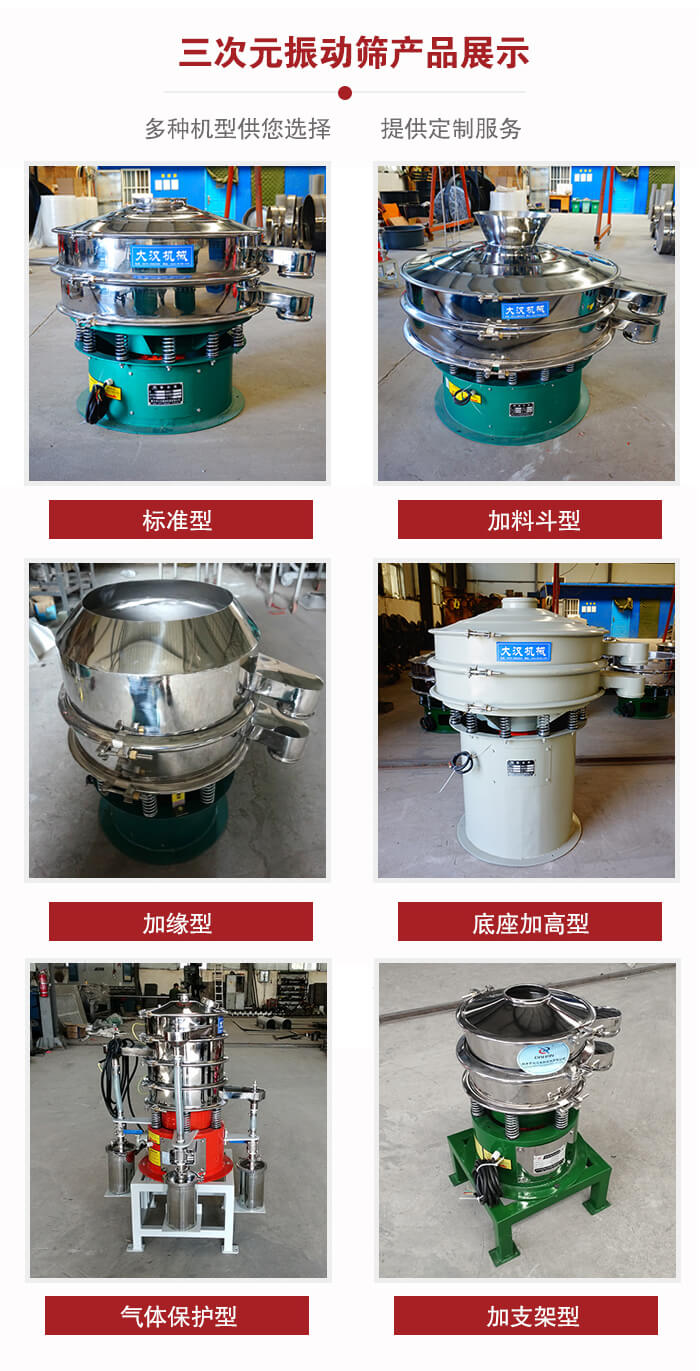 三次元振動(dòng)篩不同結(jié)構(gòu)展示：標(biāo)準(zhǔn)型，加料斗型，加緣型，底座加高型，氣體保護(hù)型，加支架型。