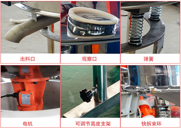 高頻篩細(xì)節(jié)展示：出料口，觀察口，彈簧，電機(jī)，可調(diào)節(jié)高度支架，快拆束環(huán)。