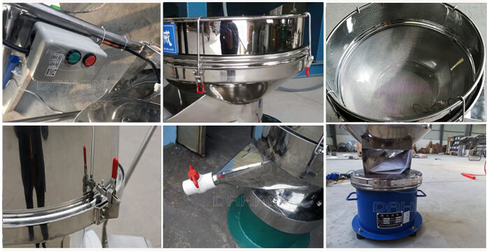 過濾篩細(xì)節(jié)展示：控制開關(guān)，篩框，出料口閥門，底座等