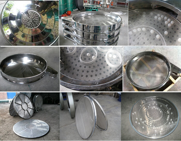食品振動(dòng)篩細(xì)節(jié)展示：防塵蓋，篩框，網(wǎng)架，底框等。